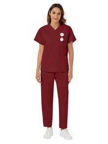 2 piezas Conjunto de ropa de estar en casa informal con top de manga corta con bolsillo y cuello en V, y pantalones, para primavera - Burdeos - Ver 2