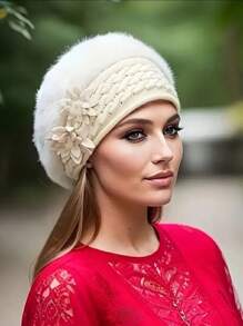 花卉装饰条纹宽松针织帽，纯色针织帽，弹力针织帽，保暖贝雷帽，适合女性日常使用，秋冬情人节 - 彩色 - 查看 20