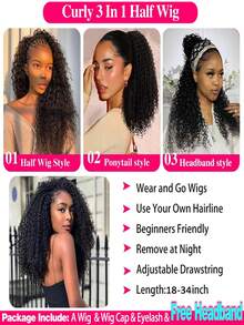 Half Wig 36 Inch Glueless Wigs Human Hair Upgrade 3 IN 1 Half Wig With Drawstring Seamless Clip Ins Flip Over Jerry Curly Human Hair No Glue No Lace Wig For Women 150% Density - SNatural - View 5