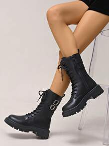 1 Pair Women's Black Thick Sole Motorcycle Boots, Lace-Up Round Toe Fashion Boots With Side Zipper, Versatile Mid-Calf Leather Boots, All-Match Style For Autumn/Winter,Party