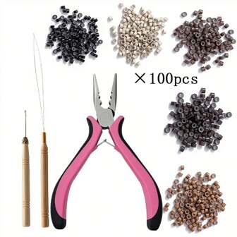 Hair Extensions Plier Tip Tool Home Micro Rings Hook Needle Styling Feather DIY Multi Functional Pulling Loop Beads Full Kit 3 Pieces Set For Hair Extender: Pliers, Micro Needle Puller, And Looper Hair Extension Ring And Buckle Three Hole Pliers Pink