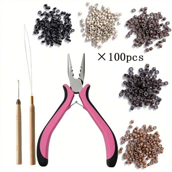Hair Extensions Plier Tip Tool Home Micro Rings Hook Needle Styling Feather DIY Multi Functional Pulling Loop Beads Full Kit 3 Pieces Set For Hair Extender: Pliers, Micro Needle Puller, And Looper Hair Extension Ring And Buckle Three Hole Pliers Pink
