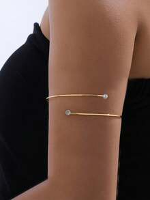 1pc Simple Metal Gemstone Double-Layer Spiral Diamond Set Bangle, Gold-Colored Opening Bangle For Couples, Party, Banquet, Dress Up, Armlet, Arm Bracelet, Perfect Gift For Girlfriends On Dates, Exquisite Jewelry - Golden - View 12