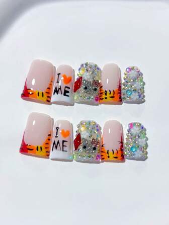 10 قطعة أظافر شكل منقار البط لطيف من طراز Y2K، أظافر فرنسية عارية مصنوعة يدويًا للضغط، عودة إلى المدرسة، نمط برتقالي مرسوم باليد، طرف فرنسي، تغطية كاملة بالماس، لوازم الأظافر، أظافر أكريليك للضغط المنزلية DIY، فن الأظافر، أظافر أكريليك زائفة؛ مناسبة للعطلات والأعياد والحفلات والارتداء اليومي؛ تشمل 1 ملصق أظافر و 1 ملف صغير