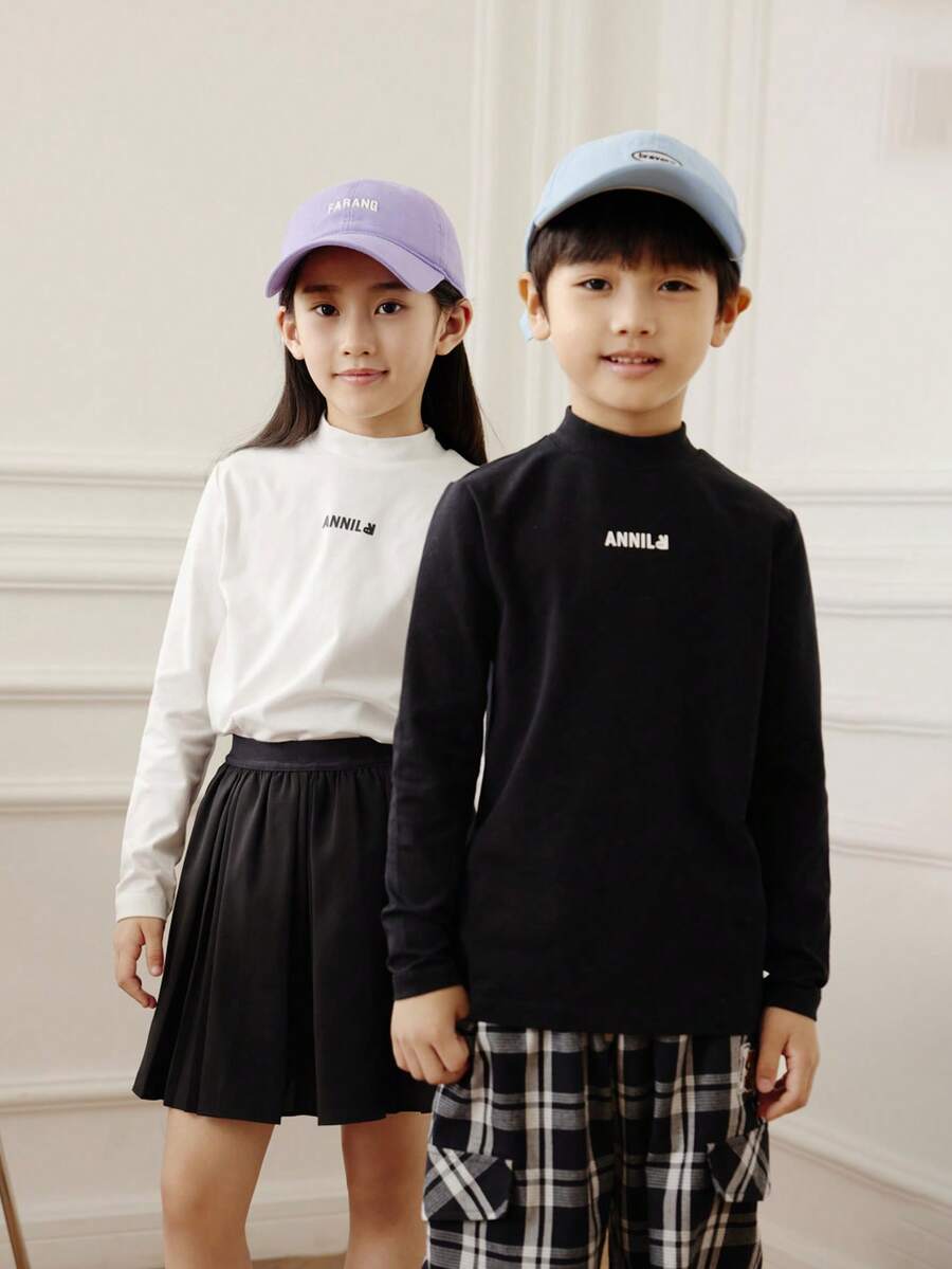 Annil Kinderkleidung: Mädchen, Mädchen, Jungen, Jungen, Erwachsene, Teenager, Mittelhals Langarm Strickpullover, einfaches bedrucktes T-Shirt, elastische anliegende Unterziehwäsche, Herbst