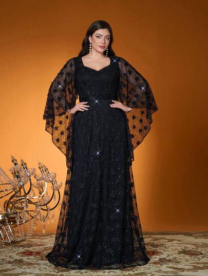 Anpoket,New Arrival,V-Neck,Noble,Plus Size Evening Gown Dress,Heavy Stitching,Embroidery ,Belt,Flounce Sleeve,Long Dress Wedding Black Spring