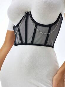 1 pièce Top bustier transparent en maille, corset pour femmes avec laçage et baleines en acier, avec large ceinture de taille, cincher sous-buste, convient pour être porté avec un t-shirt ou une robe - Noir - Voir 3