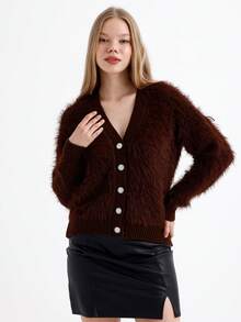Áo khoác cardigan dáng rộng, đơn hàng khuy, dài tay trơn màu dành cho nữ - màu nâu - Xem 2