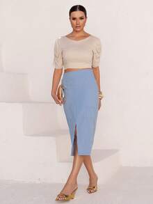 Linen Midi Skirt With Stylish Slit And Flexible Waist - 淺藍色 - 查看 3