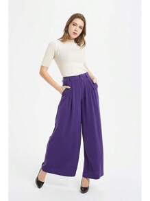 Tronjori Women High Waist Casual Wide Leg Long Palazzo Pants Trousers Regular Size - Grape Purple - View 6