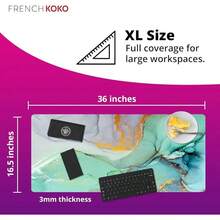 French KOKO Desk, Large Desk Pad Large Mouse Pad Cute Desk Accessories Home Office Essentials XL Desk Desk Pad Keyboard Mouse Desk Pads On Top Of Desks Computer Pink Floral Women Girls - 大理石般的藍綠色 - 查看 4