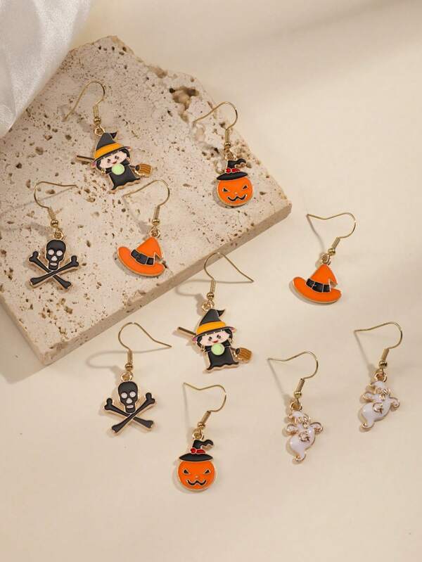 5 Pairs Halloween Fashion Women Earrings Set, Skull, Witch, Pumpkin, Ghost Stud Earrings, Minimalist For Holiday & Daily Wear