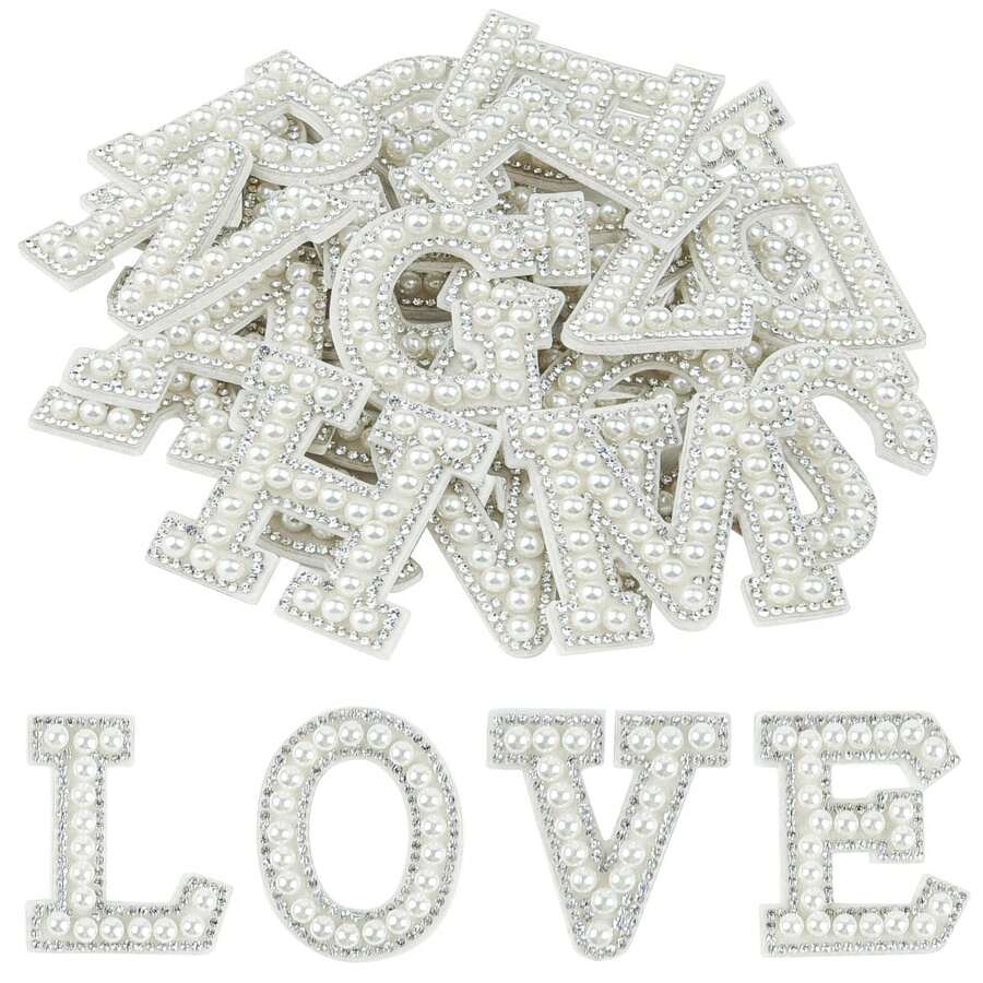 26Pcs Pearl Rhinestone Letter Patches Self Adhesive A-Z, Stick On Pearl Letter Patches For Clothes, Fabric, Backpack - Fancy Diamonds On White - View 1
