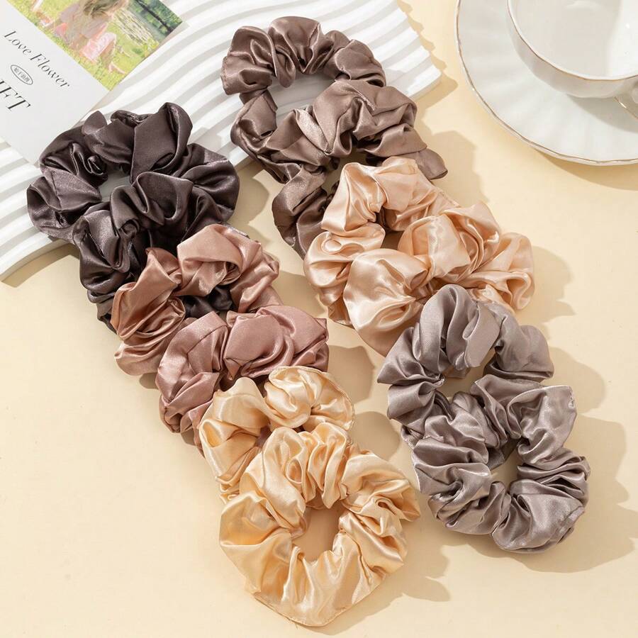 12 pièces Élastique à cheveux en satin couleur café, corde à cheveux en soie imitation élégante, chouchou à haute élasticité, accessoires pour cheveux pour femmes