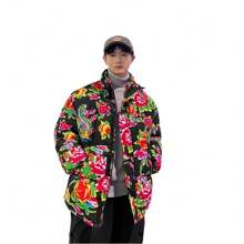 Men Winter Coats Thickened Peony Print Cotton Padded Jacket Oversized Chinese Style New Year Festive Coat For Men - 黑色 - 查看 2