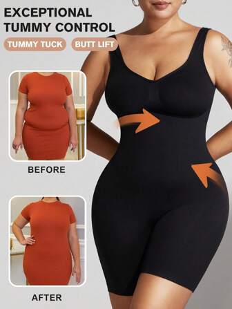1pc Women Plus Size Seamless Shapewear Jumpsuit, Cinched Waist, Body-Shaping, Chest-Support, Tummy-Control, For Summer