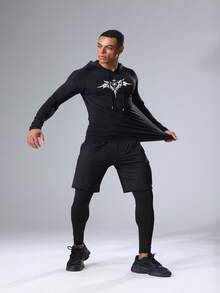 Bộ 3 món quần bó, áo sơ mi, áo hoodie dài tay thể thao, trang phục tập luyện chạy bộ cho nam - màu đen - Xem 5