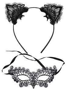 D EXCEED 2Pcs Cat Women Mask And Necklace Set Halloween Sexy Cat Costume Party Cosplay Punk Accessories Gift - Black - View 2