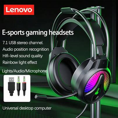 Lenovo 耳機HT407全包耳蛋白皮電競耳機 降噪麥克風團隊暢聊 即插即用網課/辦公室/遊戲全能 黑色雙3.5