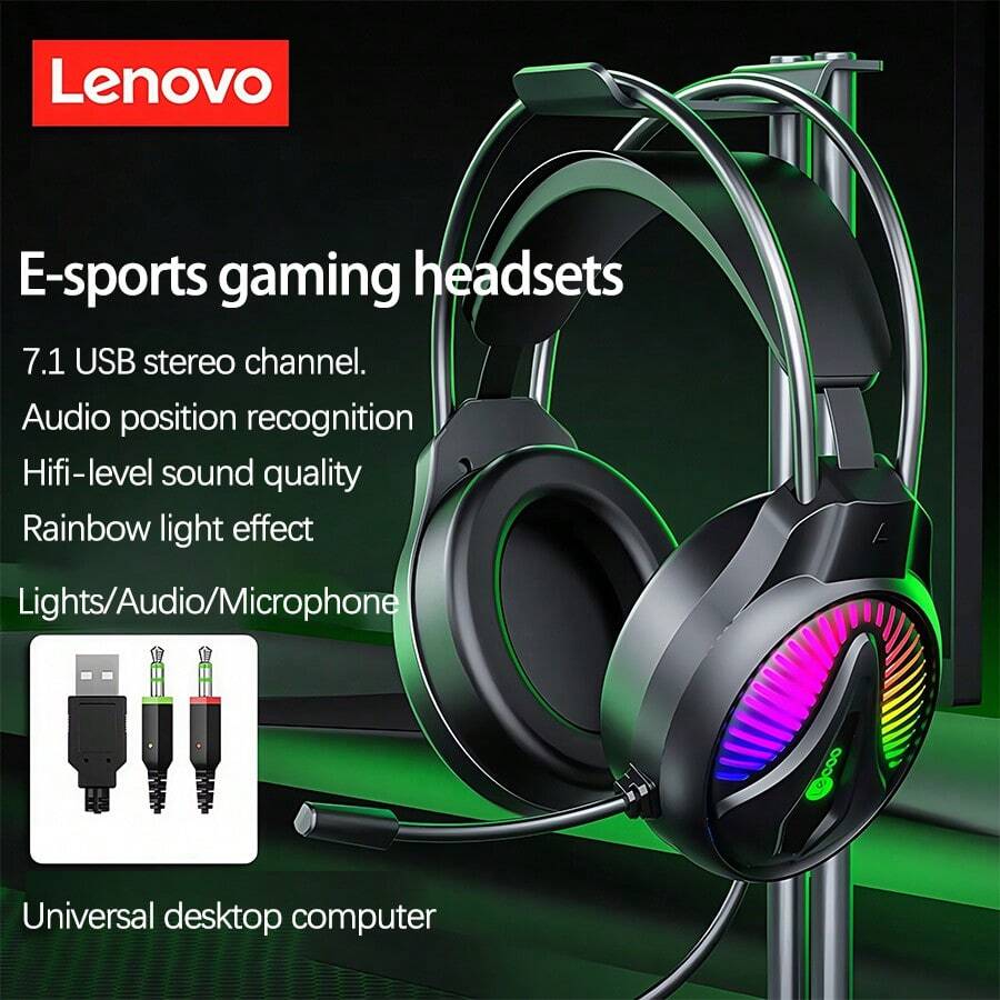 Lenovo 耳機HT407全包耳蛋白皮電競耳機 降噪麥克風團隊暢聊 即插即用網課/辦公室/遊戲全能 黑色雙3.5 - 黑色雙3.5 - 查看 1