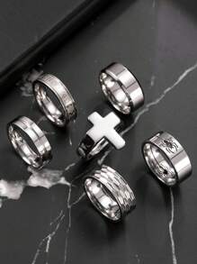 6pcs Men's Stainless Steel Ring Set, Includes Cross, Spider Cut, Roman Letter, And Plain Rings, Fashionable Accessories Suitable For Men's Daily Wear, Holidays, Dates, And Gifts