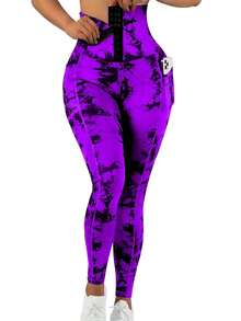 Women's Casual Sports High Waist Drawstring Tie Dye Leggings, Skinny Fit Workout Running Tights For Spring/Summer - Red Violet - View 2