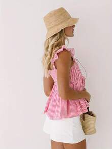 Women Ruffle Cap Sleeve Cami Top Bow Tie Front Backless Smocked Striped Print Peplum Tank Top Ruffle Hem Summer Y2K Going Out Streetwear - Hồng - Xem 2