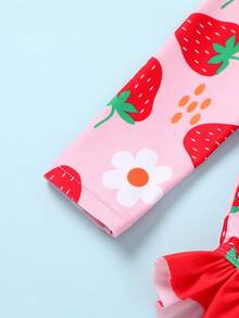 可爱优雅的幼儿泳衣，柔软舒适，草莓花卉印花拼色荷叶边拉链长袖连体泳衣，带蝴蝶结装饰帽，适合夏季泳池、海滩、度假 - 彩色 - 查看 3