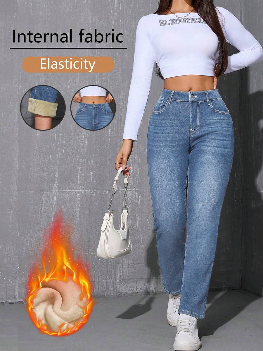 女士冬季保暖内衬直筒休闲牛仔裤 - 淺藍色 - 查看 1