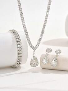 3pcs Set Necklace Earrings Bracelet Jewelry Set For Women, Rhinestone Pearl With Tassel Choker Necklace, Tassel Bracelet, Crystal Pendant Earrings, Suitable For Wedding, Bride Party