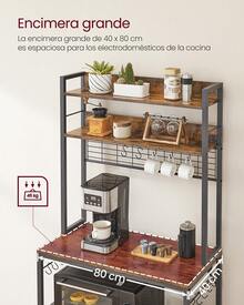Estantería para Panadería con Toma de Corriente, Soporte de Microondas, Estantería de Cocina, Alambre de Metal, 14 Ganchos, 40 x 80 x 170 cm/40 x 60 x 170 cm, Marrón Rústico y Negro - Marrón - Ver 5