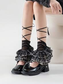 1 par de calentadores de piernas con lazo de encaje para mujeres, diseño de lazo de cinta de unicolor, versátil, para primavera/verano Y2K - Unitalla - Ver 9