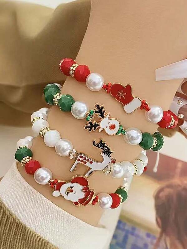 4pcs Pearl Beaded Fashion Bracelet Set, Santa Claus & Reindeer Pendant Party Unisex Bracelet, Includes Cute Santa, Reindeer And Mitten Bead Charms, Christmas, Halloween, New Year Holiday Gift, Party Accessory, All Season