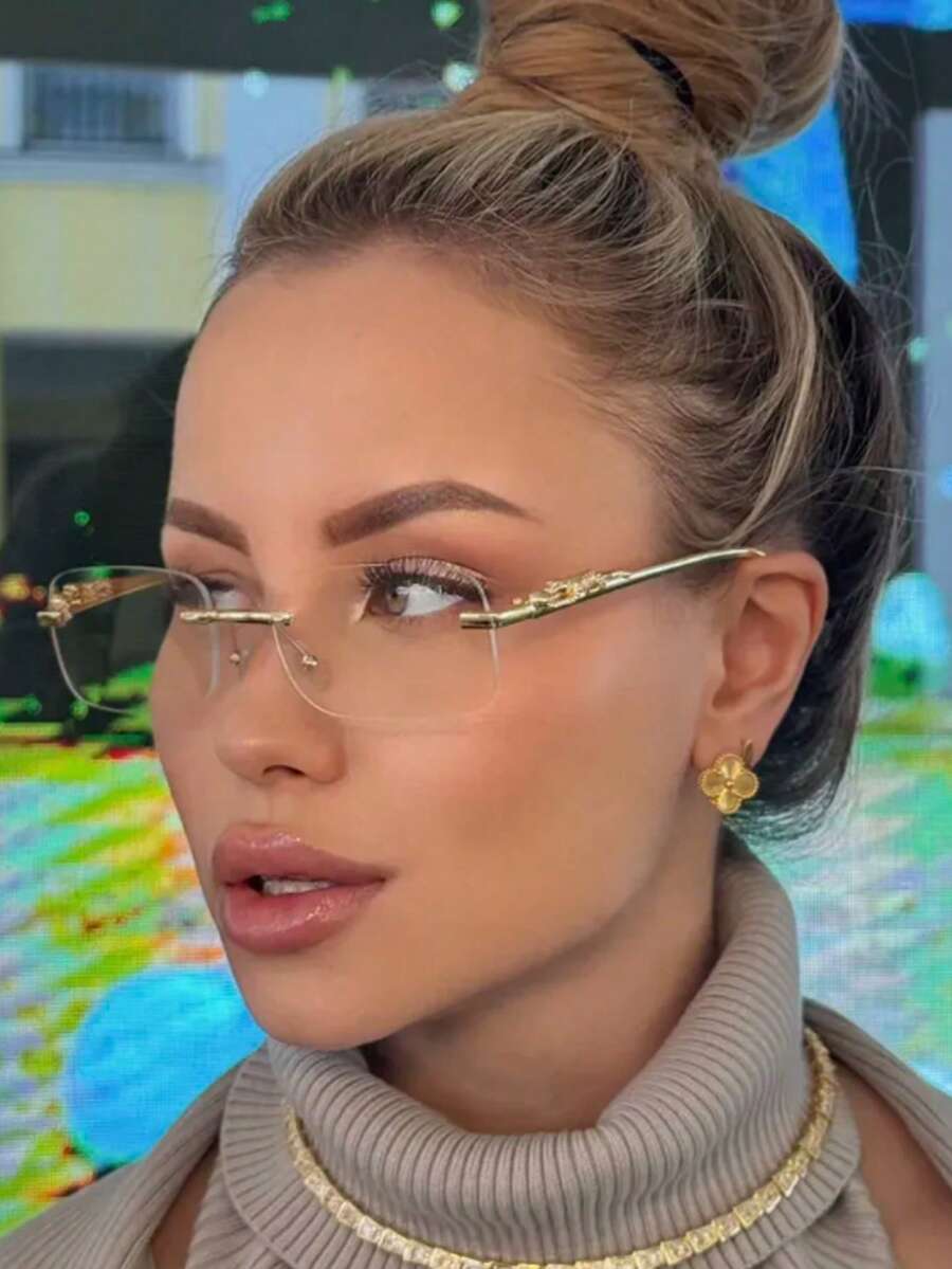 1 件女士金属无框方形小框个性豹纹复古优雅眼镜奢华 Y2K 欧美性感户外旅行装饰时尚 - 彩色 - 查看 1