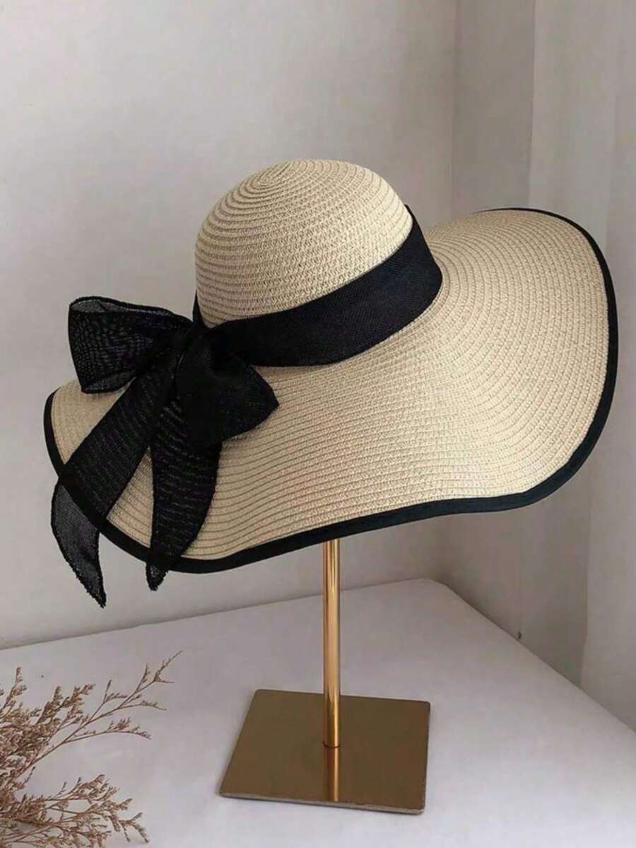 1 chiếc mũ rơm vành rộng dành cho nữ, mũ chống nắng đi biển, mũ du lịch, có thể gấp gọn. - Đai đen màu be - Xem 1