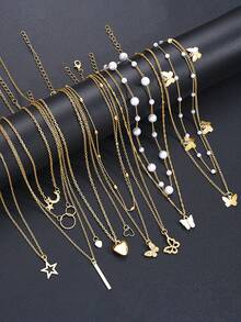 12 件/套心形、蝴蝶、水晶、闪亮星星、月亮、泪珠、蛇形仿珍珠吊坠多层项链套装，时尚、简约、优雅、复古设计，适合节日、派对、日常佩戴、礼物 - 銀色 - 查看 7
