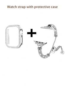 2-In-1 Rose Gold Protective Case + Cylindrical Rhinestone Metal Strap Set For Apple Watch - Bracelet Design Replacement Strap [38/40/41/42/44/45/46/49mm] | Women's Sparkling Crystal Soft Strap For Ultra/SE/10/9/8/7/6/5/4/3/2/1 Series