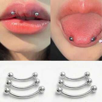 4/6 件 1.2 毫米不锈钢水平舌环、弧形杠铃唇环、眉环、香蕉环，适合身体穿孔，适合日常佩戴