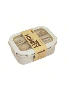 1pc Lunch Box With Two Compartments, Built-In Cutlery Set, Reusable And Microwave Heated (With Lid Removed), Suitable For Kitchen, Outdoor, School Supplies, And Kitchen Utensils