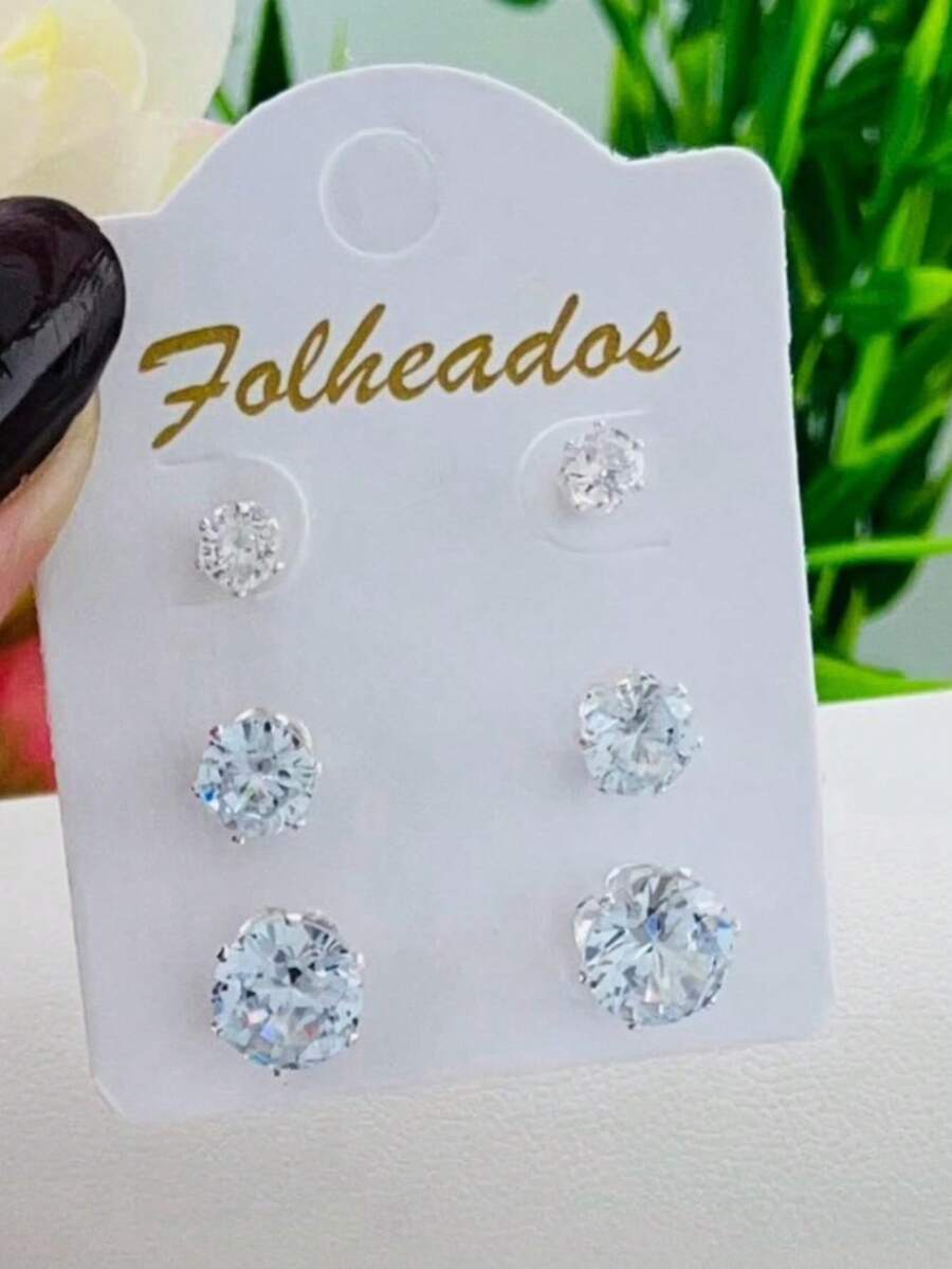 Women's Earring Trio Kit With 3 Pairs Of Stones In Various Colors And Zirconias - kaca - View 1