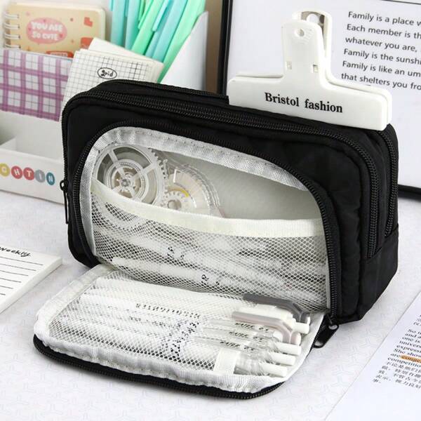 Disney 1pc Black Large Capacity Pencil Case, Minimalist Multi-Layer Student Stationery Storage Bag