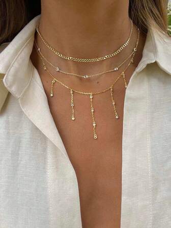 [Luxury Jewelry] 925 Silver Zirconia Lariat Necklace, Fashionable Long & Short Tassel Chain Choker Necklace, Minimalist Elegant Versatile Accessory, Birthday Gift For Girlfriend.