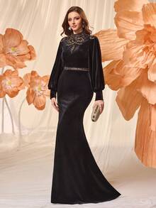 UNITHORSE Vestido de noite longo elegante com gola alta e manga lanterna, veludo, patchwork, lantejoulas, corte slim, fenda alta