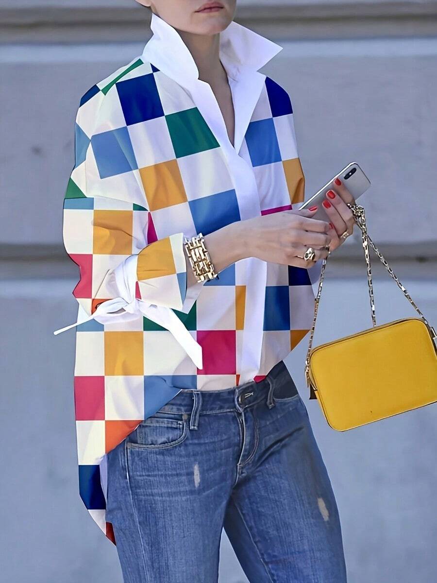 2025 Summer Spring Contrast Color Women'S Button Blouse Casual Asymmetrical Stand Collar Plaid Tied Long Sleeve Shirts For Women Office Tops - 彩色 - 查看 1