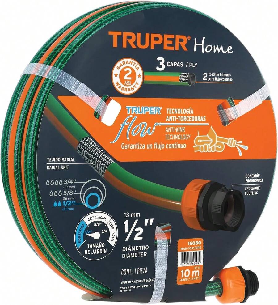 Truper MAN-10X1/2RE Manguera 1/2" 3 Capas Reforzada 10m Conex Plást - Manguera + Aspersor ASP-8 - Ver 1