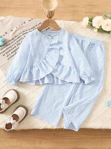 Little Girls 2Pcs Striped Outfit Set,Ruffle Trim Long Sleeve Open Front Blouse & Elastic Waist Long Pants,Spring Casual Young Girl Clothing - Blue - View 3