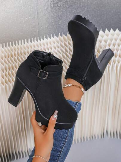 Women's New Suede Thick Sole Chunky Heel Ankle Boots With Side Zipper, Round Toe, Buckle Decor, Fashion & Comfortable (Friendly Reminder: Shoes Run Small, Please Order Accordingly),Platform Heels For Women
