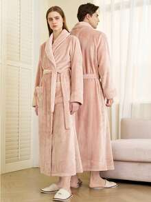 1pc Extra Long Flannel Bathrobe, Adult Flannel Bathrobe, Thermal Lined, Suitable For Hotels, Spas, Beauty Salons, Absorbent & Quick Dry, Loose Fit, Multi-Color, Minimalist Design, Bathroom & Home EssentialsWarm Winter Decora - Multicolor - View 11