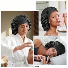 1 Double-Sided Silky Satin Hair Cap With Wide Brim, Double-Wearing Cap, Super Large Size (Black) Suitable For Sleeping To Protect Hair - 黑色 - 查看 9