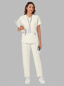 V 领口袋短袖上衣和裤子休闲家居服两件套 - 杏色 - 查看 7